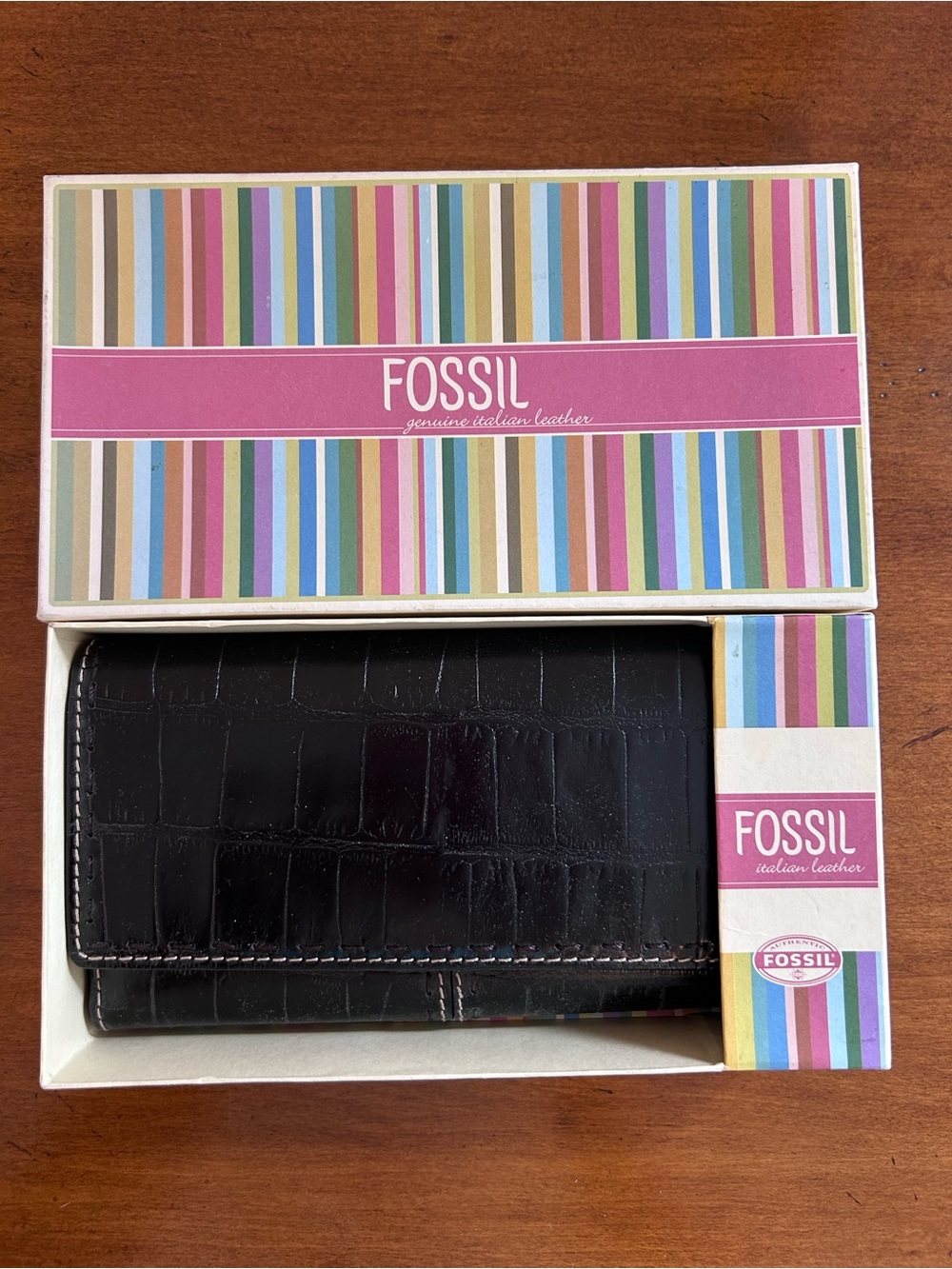 ✨ NIB ✨Vintage Fossil Black Croc-Embossed Leather Long Trifold Wallet Organizer